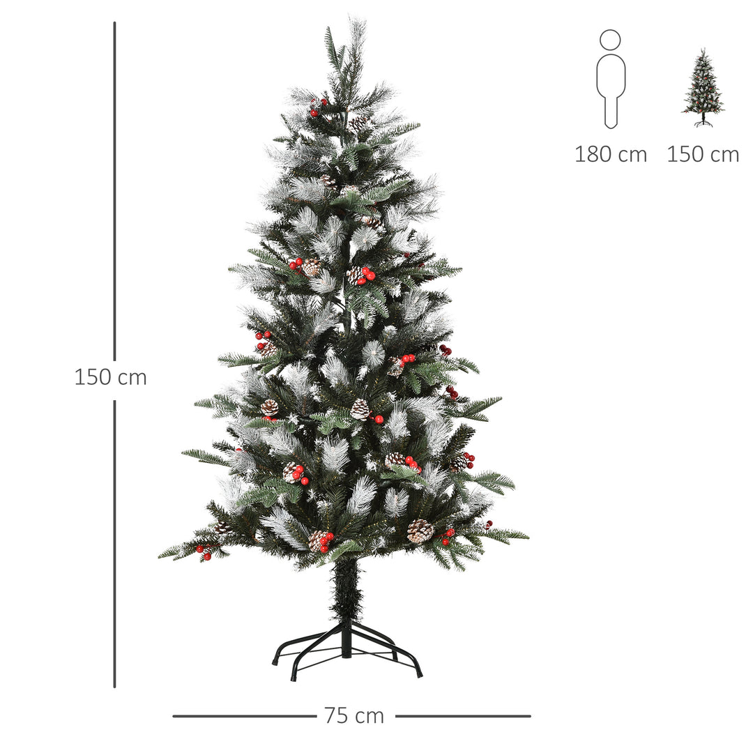 HOMCOM 5FT Artificial Snow Dipped Christmas Tree Xmas Pencil Tree Holiday Home Party Decoration w/ Foldable Feet Berries Pinecones, Green | Aosom UK