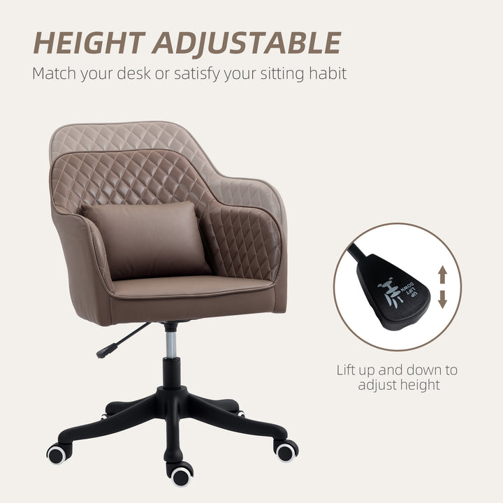 Microfiber Office Chair, Desk Chair, Makeup Vanity Chair with Massage Lumbar Pillow and Rolling Wheels for Bedroom and Home, Brown