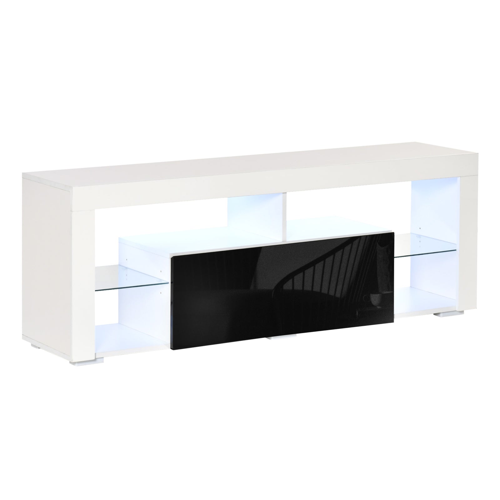 TV Unit, LED TV Stand Cabinet, High Gloss TV Table with Lights and Storage Shelf for 55 inch TVs for Living Room, Bedroom, Black and White