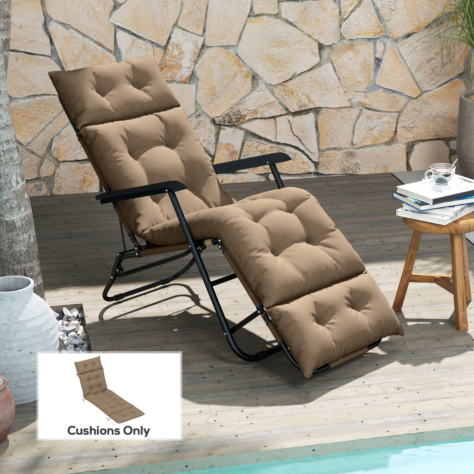Sun Lounger Cushions Only, 190x56x10cm Garden Lounge Chair Cushions, UPF20+ 220gsm Fabric, Thick Sunbed Replacement Pads with 6 Ties, Khaki