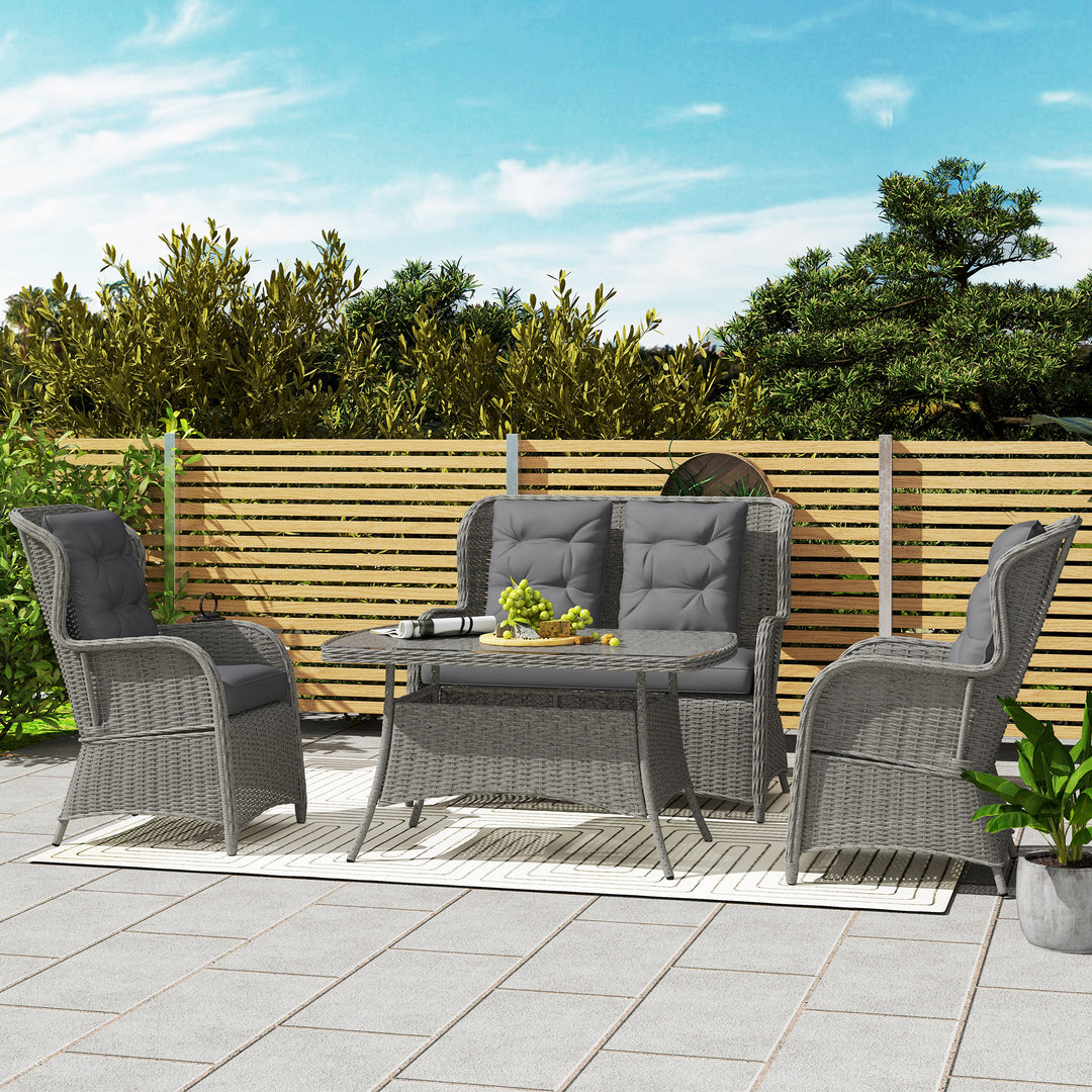 Garden PE Rattan Dining Sofa Set, Outdoor 4 Seater Wicker Furniture, High Back Chairs with Cushions, Tempered Glass Coffee Table for Patio, Light Grey