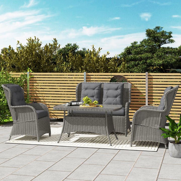 Garden PE Rattan Dining Sofa Set, Outdoor 4 Seater Wicker Furniture, High Back Chairs with Cushions, Tempered Glass Coffee Table for Patio, Light Grey