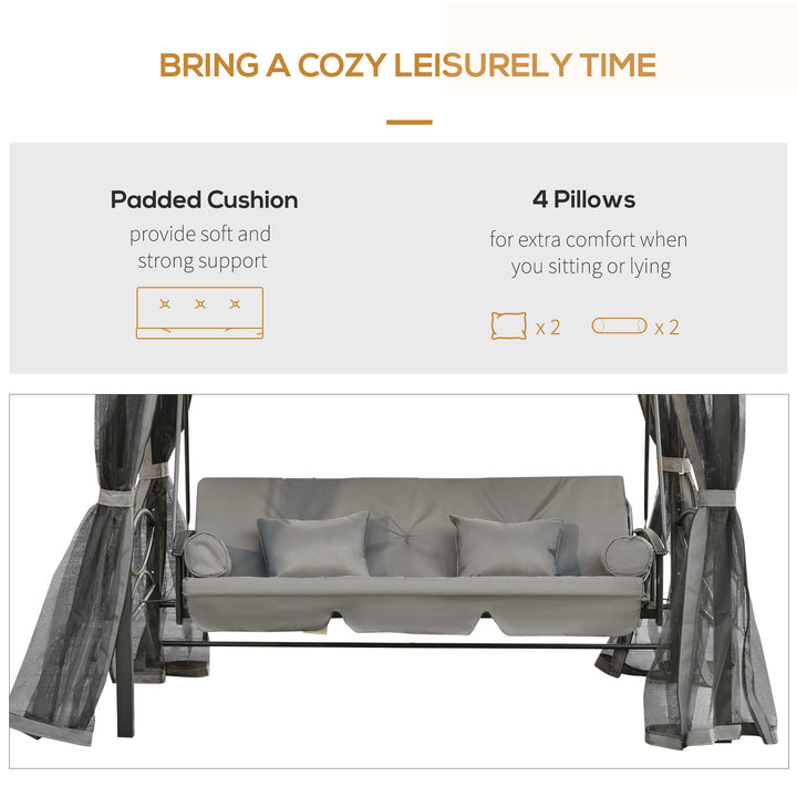 3 Seater Swing Chair 3-in-1 Convertible Garden Swing Seat Bed Gazebo Patio Bench Outdoor with Double Tier Canopy, Cushioned Seat, Mesh Sidewalls, Grey