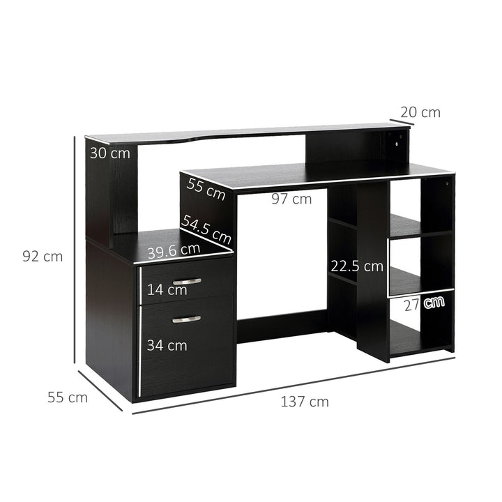 MCL Computer Desk with Drawers and Storage Shelves, Office Desk Writing Table with Printer Stand, Large Workstation for Study Play Work Home Office, 137 x 55 x 92cm, Black