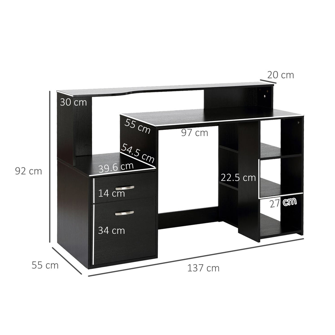 Computer Desk with Drawers and Storage Shelves, Office Desk Writing Table with Printer Stand, Large Workstation for Study Play Work Home Office, 137 x 55 x 92cm, Black