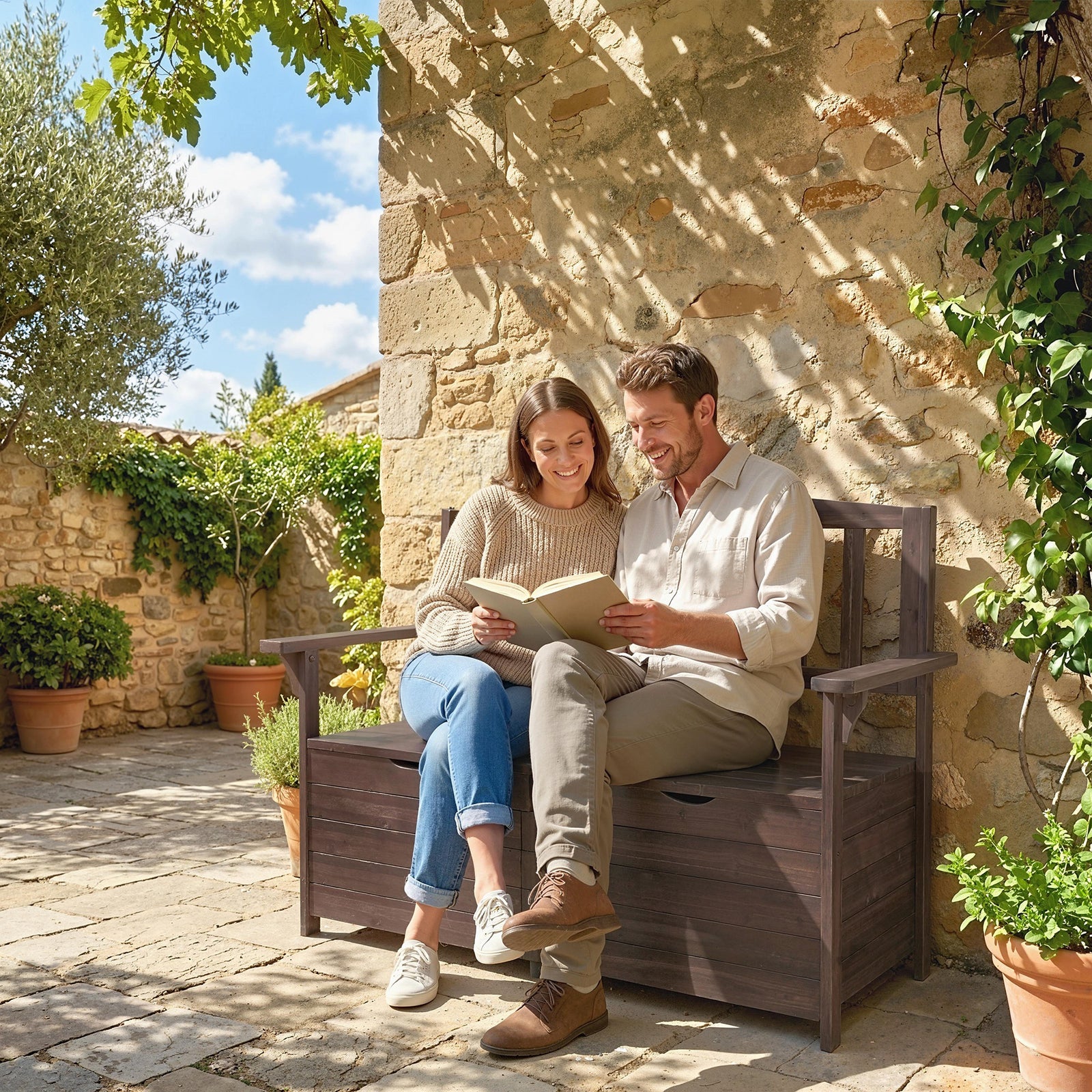 Outdoor 2 Seater Garden Bench, Wooden Bench with Storage, Backrest, Ar