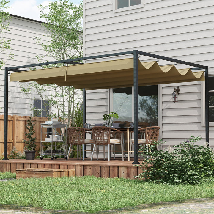 Outsunny 4 x 3(m) Metal Pergola with Retractable Roof, Garden Gazebo Canopy Shelter for Outdoor, Patio, Khaki