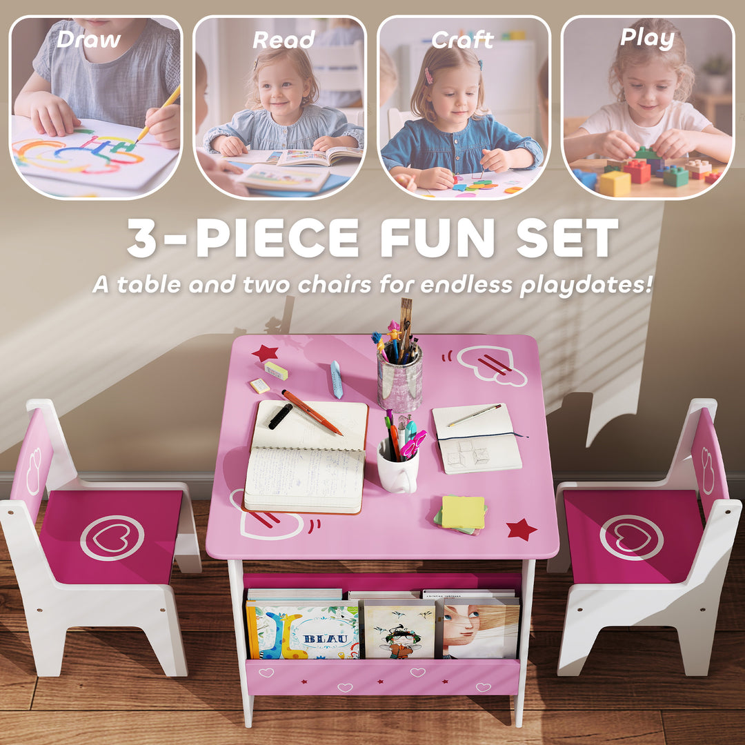 3 Pieces Kids Table and Chair Set, Toddler Activity Table with Bookshelves, for Living Room, Nursery, Playroom
