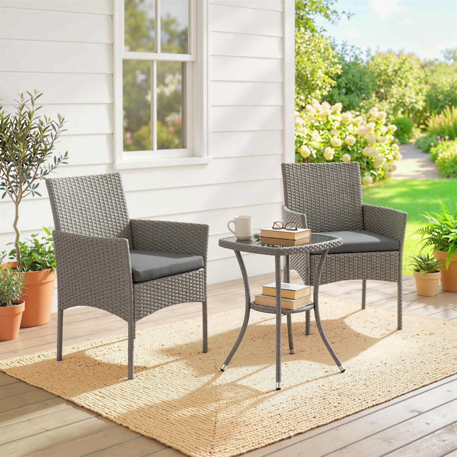 3 Piece Rattan Bistro Set, PE Wicker Garden Furniture Conversation Set