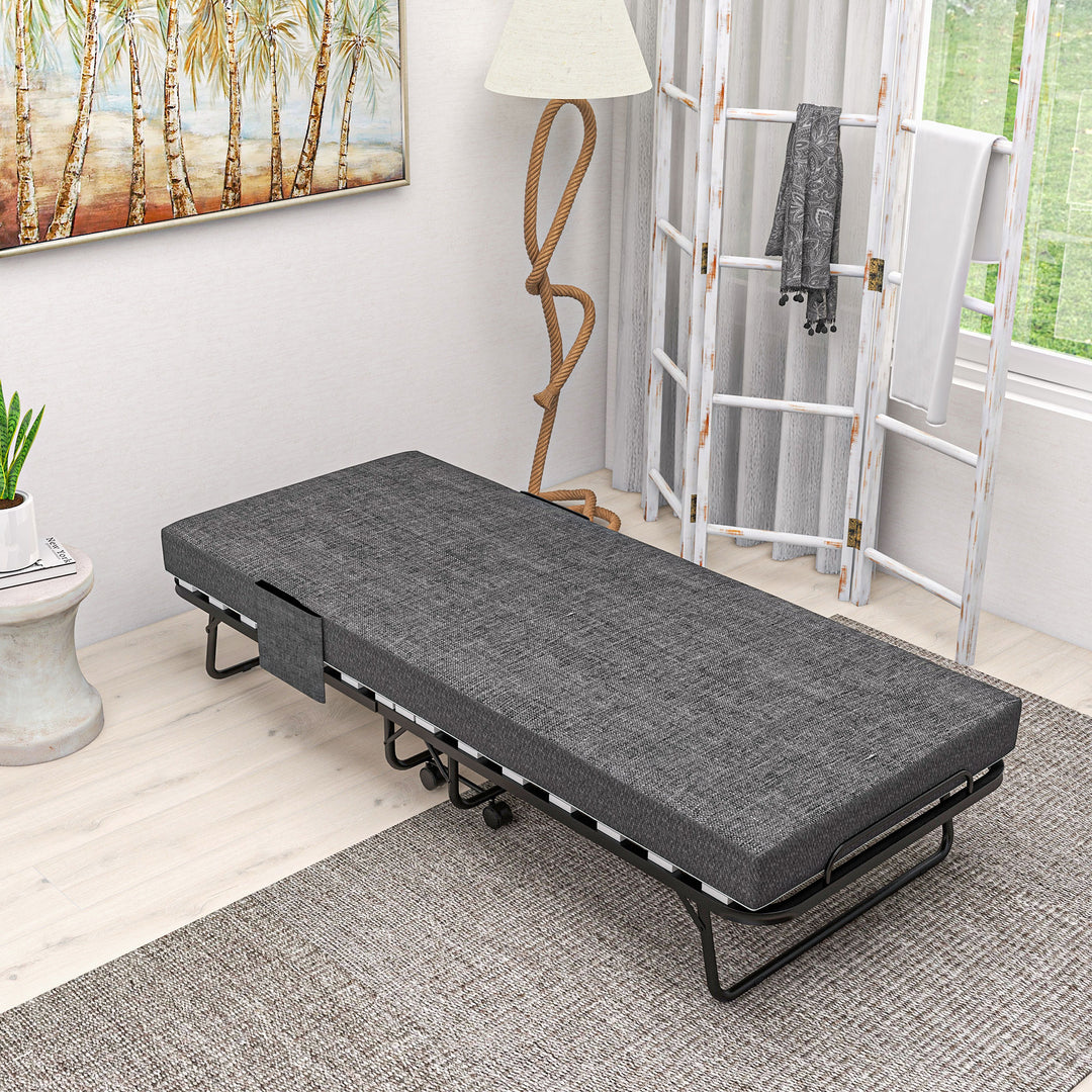 Single Steel Frame Folding Bed, with Wheels - Black/Grey