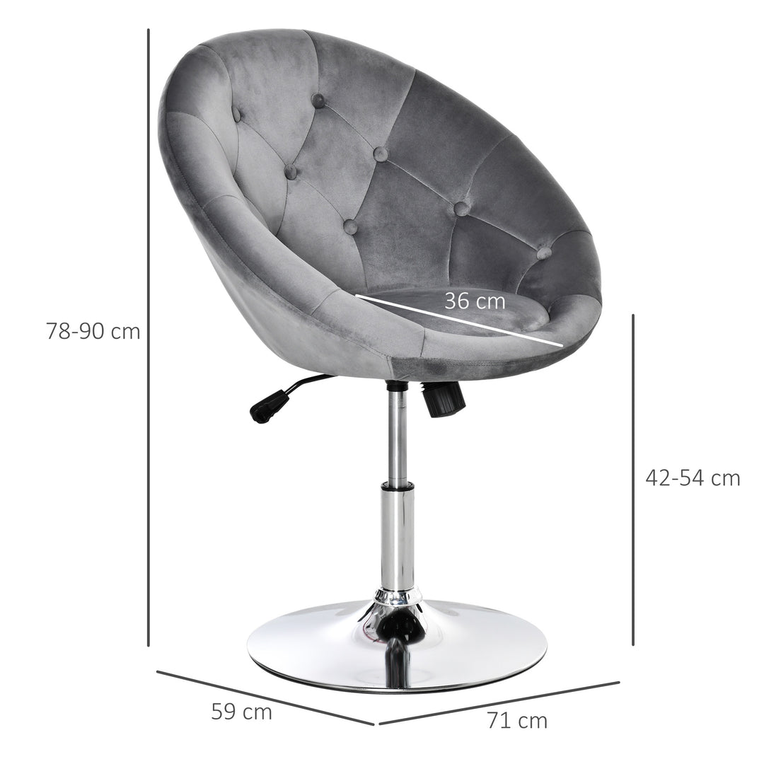 MCL Swivel Dressing Stool, Velvet-feel Upholstered Vanity Chair, Adjustable Height Tub Makeup Chair with Button Tufting and Thick Padding for Bedroom, Grey