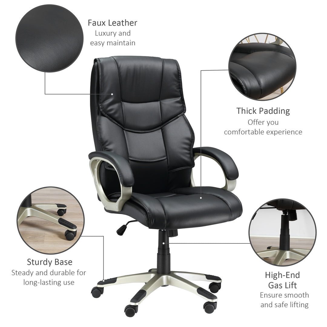 HOMCOM Comfortable Desk Chair Faux Leather Office Chair w/ Adjustable Height & Movable Wheels for Work, Study, Lounge and Bedroom, Black | Aosom UK