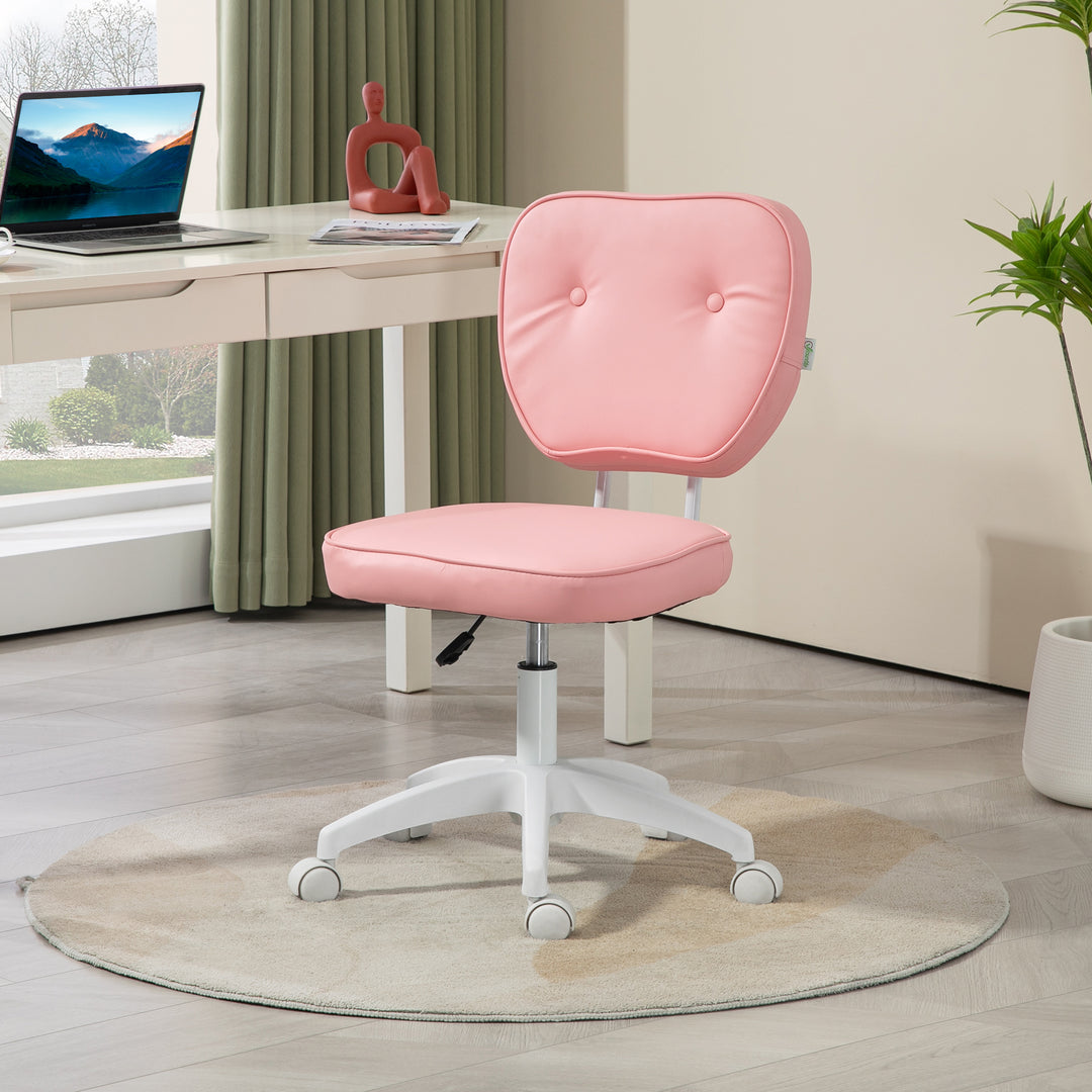 Vanity Office Chair, PU Leather Computer Chair for Home, with Adjustable Height, Armless, Swivel Wheels, Pink