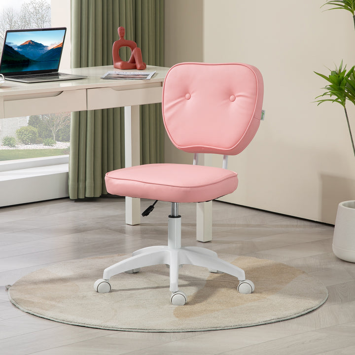 Vanity Office Chair, PU Leather Computer Chair for Home, with Adjustable Height, Armless, Swivel Wheels, Pink