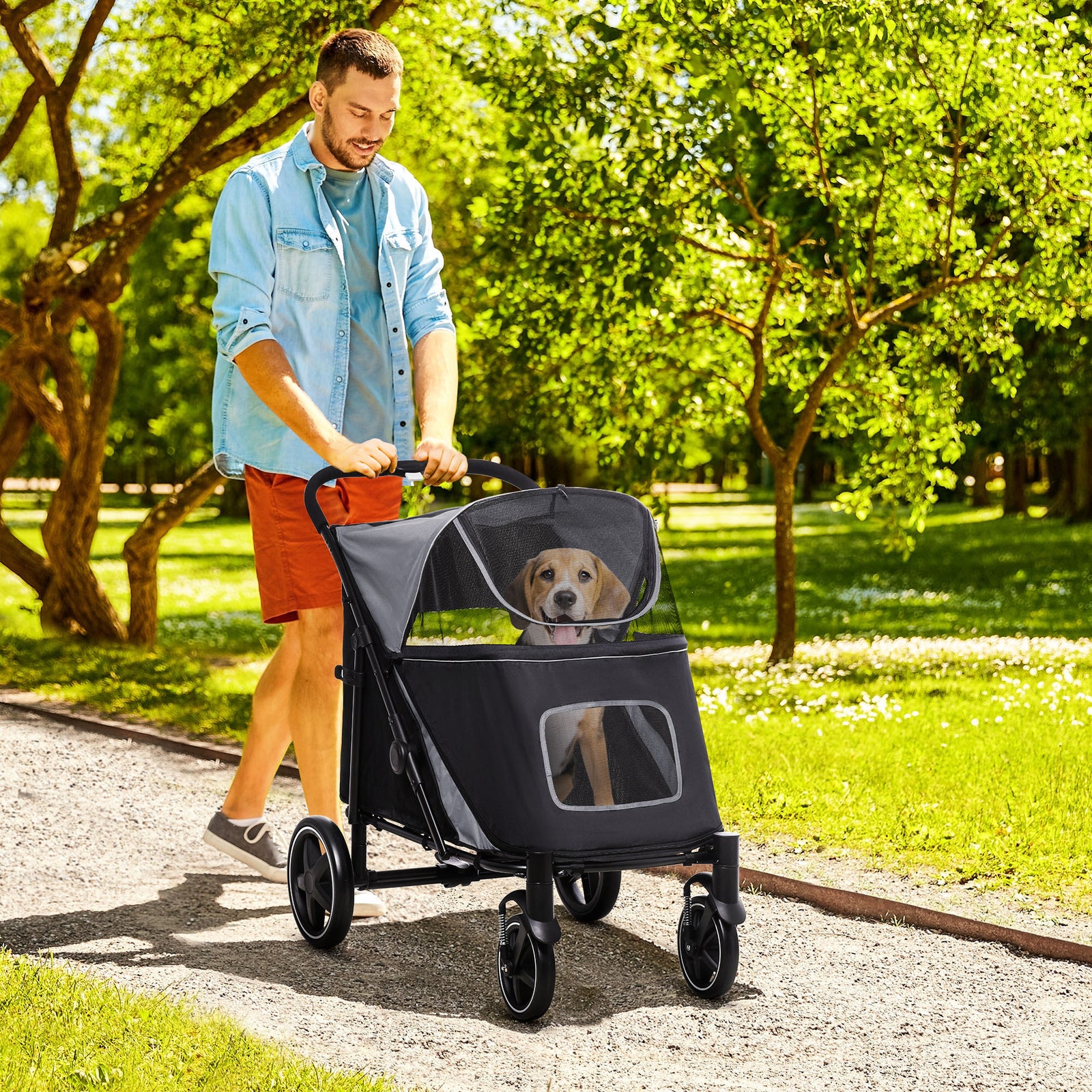 Foldable Pet Stroller, with Universal Wheels, Shock Absorber, for Medium and Large Dogs - Black