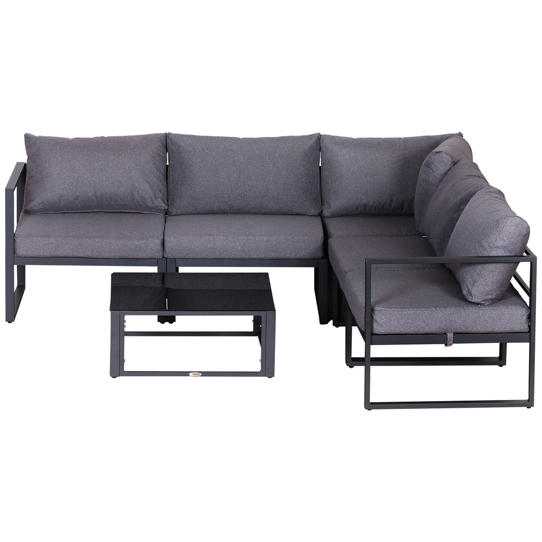 6 PCs Outdoor Indoor Sectional Corner Sofa Set Thick Padded Cushions Aluminium Frame 5 Seaters 1 Coffee Table Grey
