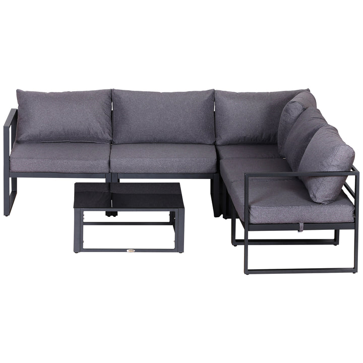 6 PCs Outdoor Indoor Sectional Corner Sofa Set Thick Padded Cushions Aluminium Frame 5 Seaters 1 Coffee Table Grey