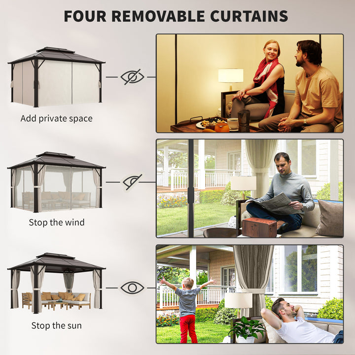 3 x 4m Hardtop Gazebo Canopy with UPF30+ Double Polycarbonate Roof, Aluminium Frame Garden Gazebo Permanent Pavilion with Mosquito Netting and Curtains for Patio, Deck, Beige