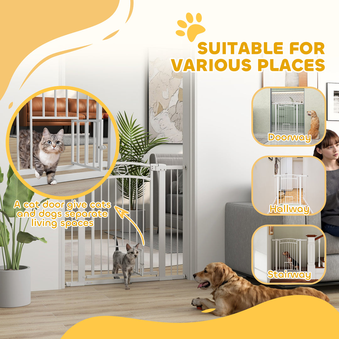 96cm Tall Dog Gate with Cat Door, 7cm and 14cm Extensions, for Stairs, Doorways, 76-104cm Width