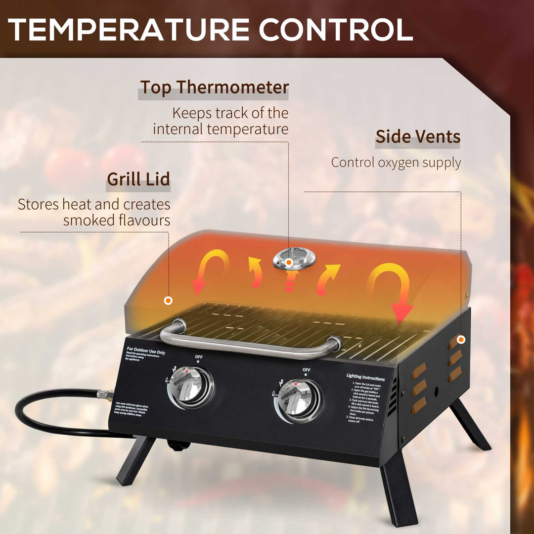 2 Burner Gas BBQ Grill Outdoor Portable Folding Tabletop Barbecue w/ Lid, Thermometer, Carbon Steel, Black
