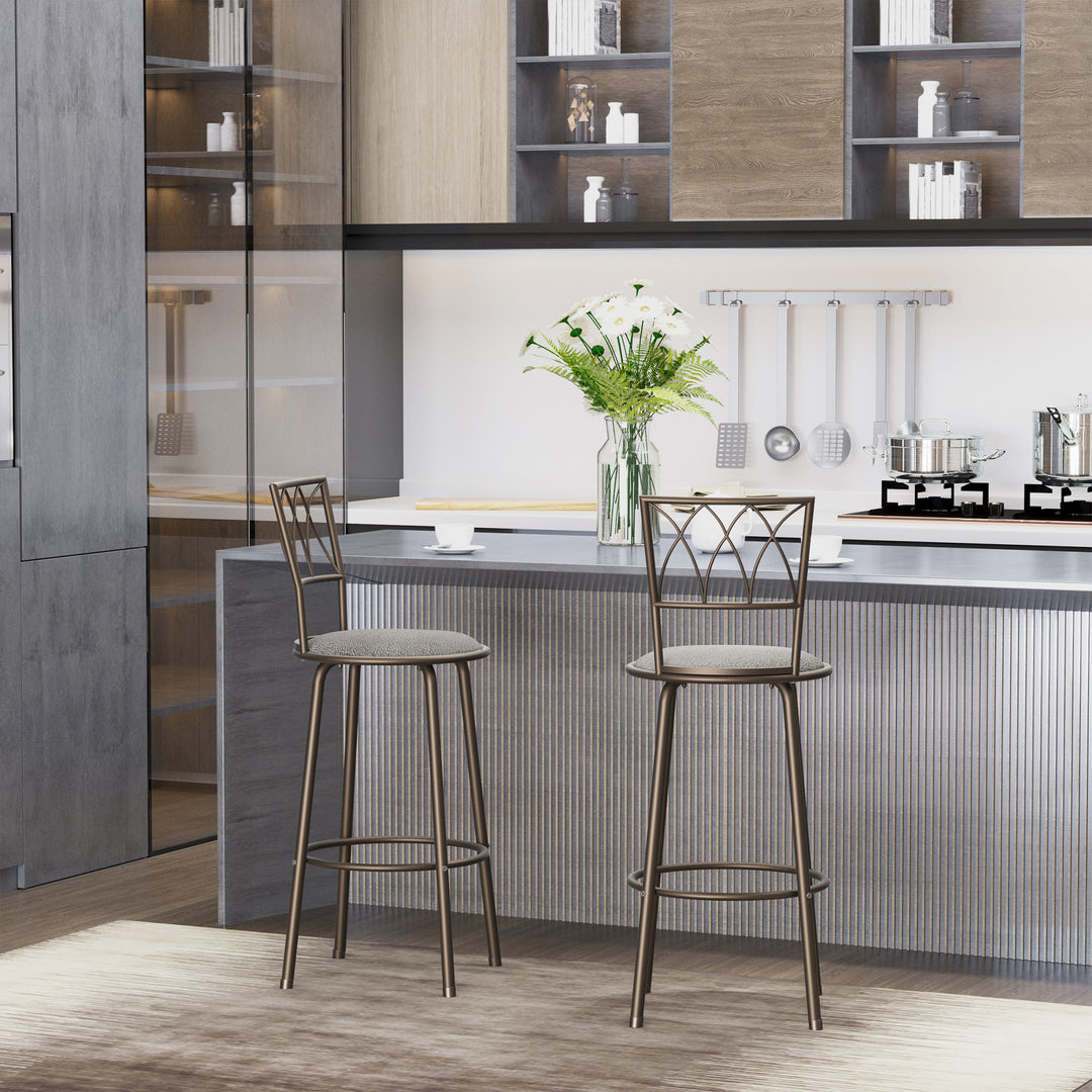 MCL Set of 2 Bar Chairs Swivel Armless Upholstered Metal Frame Barstools with Backrest & Footrest, Bronze