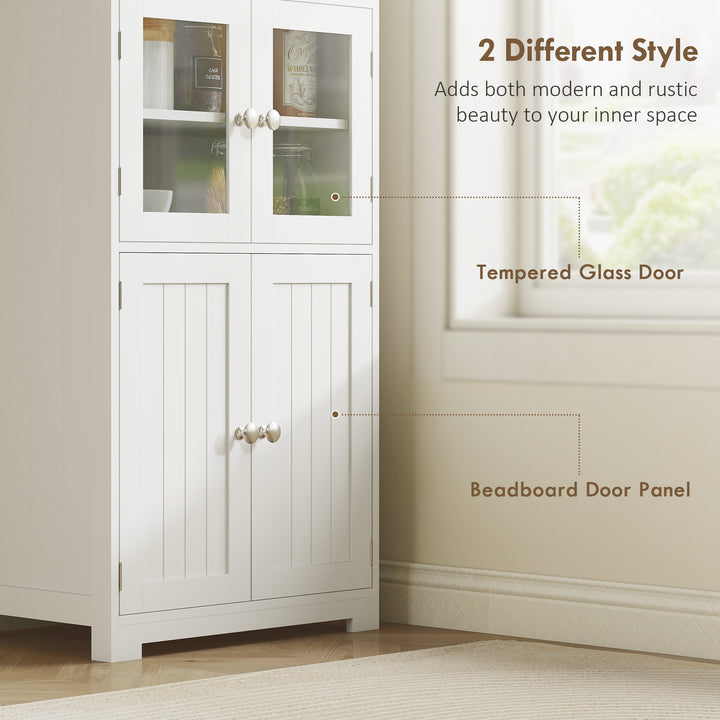 MCL Freestanding Kitchen Cupboard, 4-Door Storage Cabinet with Adjustable Shelf and Glass Doors for Dining Room, Living Room, White