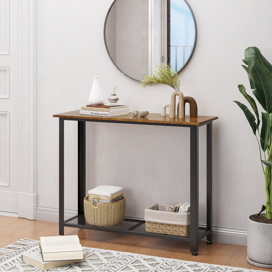 Industrial Console Table，Entryway Table w/Bottom Mesh Shelf Metal Frame Vintage Sofa Table for Hallway, Living Room, Rustic Brown