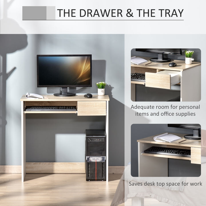 80cm Compact Computer Desk with Keyboard Tray, Home Office Desk with Drawer for Bedroom Study, Oak