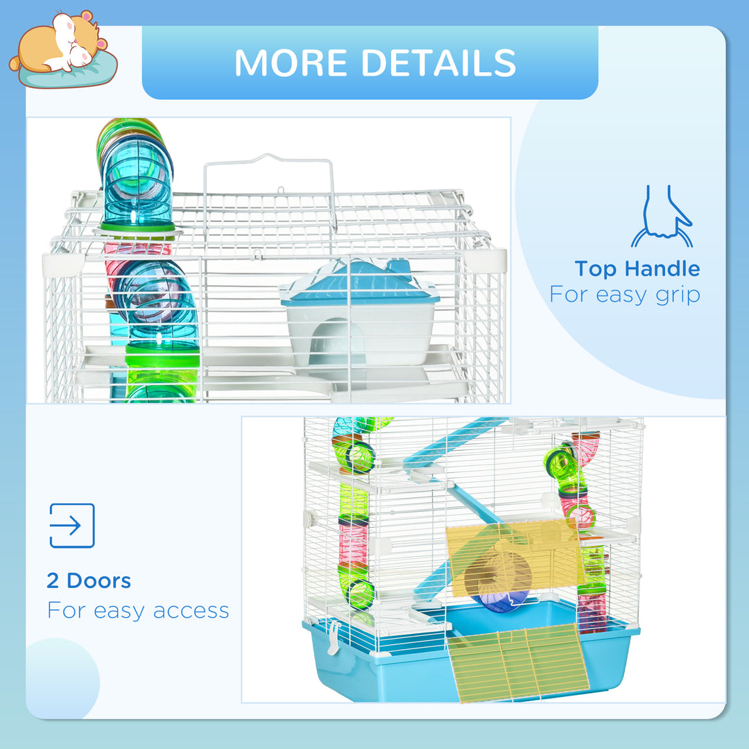 MCL Hamster Cage w/ Water Bottle, Exercise Wheel, Tubes, Ramps - Light Blue