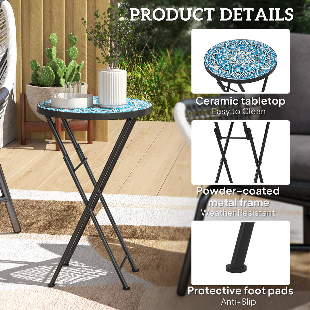 Mosaic Outdoor Garden Table, 35.5cm Round Folding Coffee Table with Metal Frame for Balcony Terrace, Blue