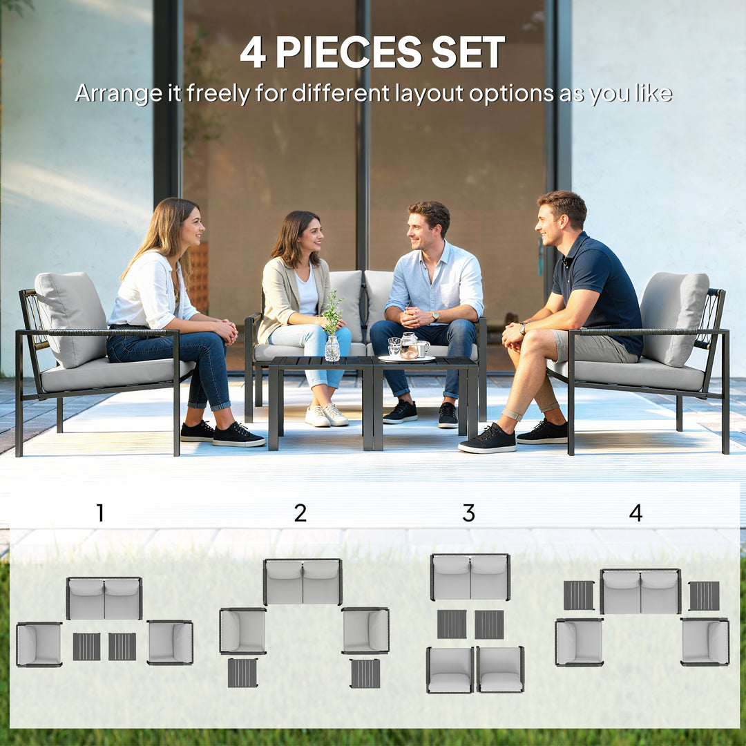 5 Piece Metal Garden Furniture Sofa Set with Thickened Cushions, Loveseat, 2 Armchairs, 2 Coffee Tables
