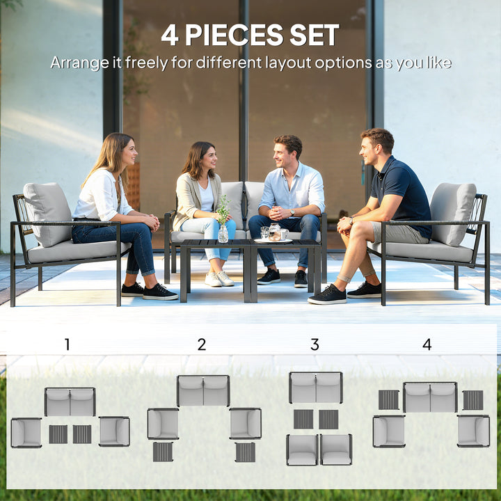 5 Piece Metal Garden Furniture Sofa Set with Thickened Cushions, Loveseat, 2 Armchairs, 2 Coffee Tables