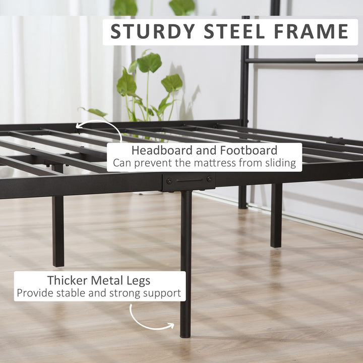 Double Metal Bed Frame Solid Bedstead Base with Headboard and Footboard, Metal Slat Support and Underbed Storage Space, Bedroom Furniture, Black
