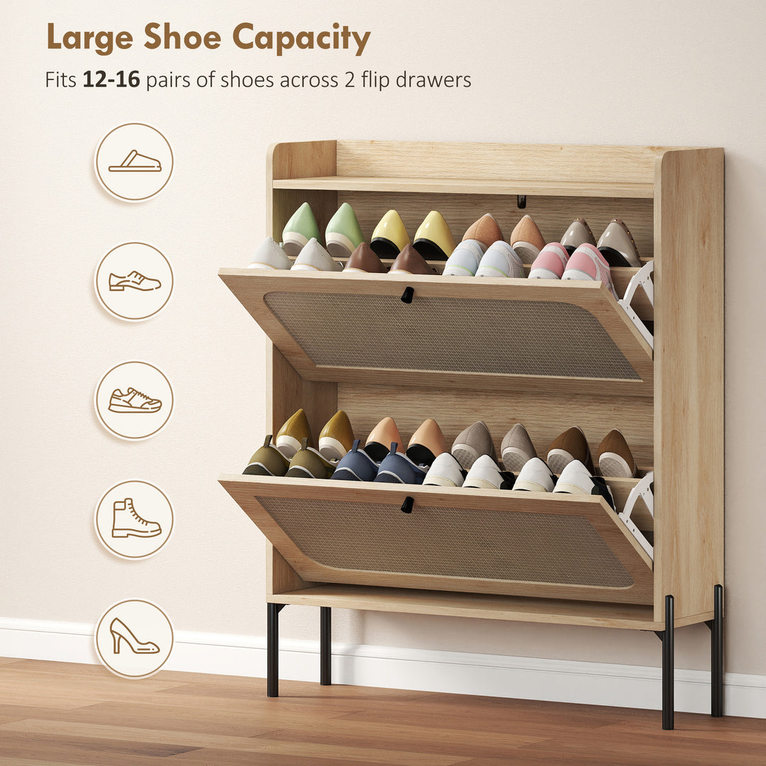 Shoe Cabinet with 2 Flip Drawers, Boho Narrow Shoe Storage Cabinet - view 5