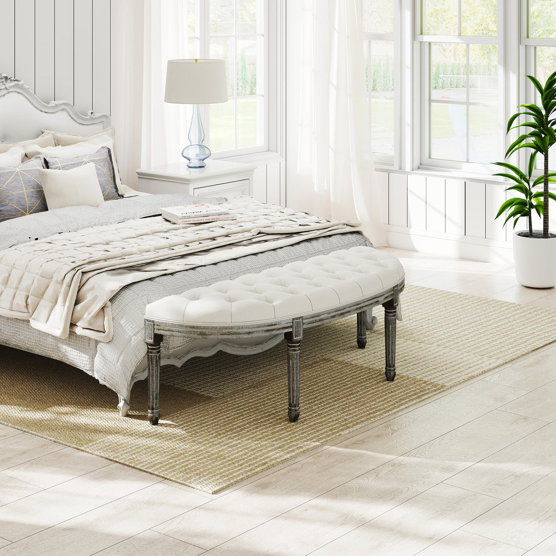 MCL Half-Circle End Bench Ottoman Footstool Tufting Padded Seat Brushed Wood Base Antique Accents Home Seat Furniture Cream White and Light Wood Grain Leg