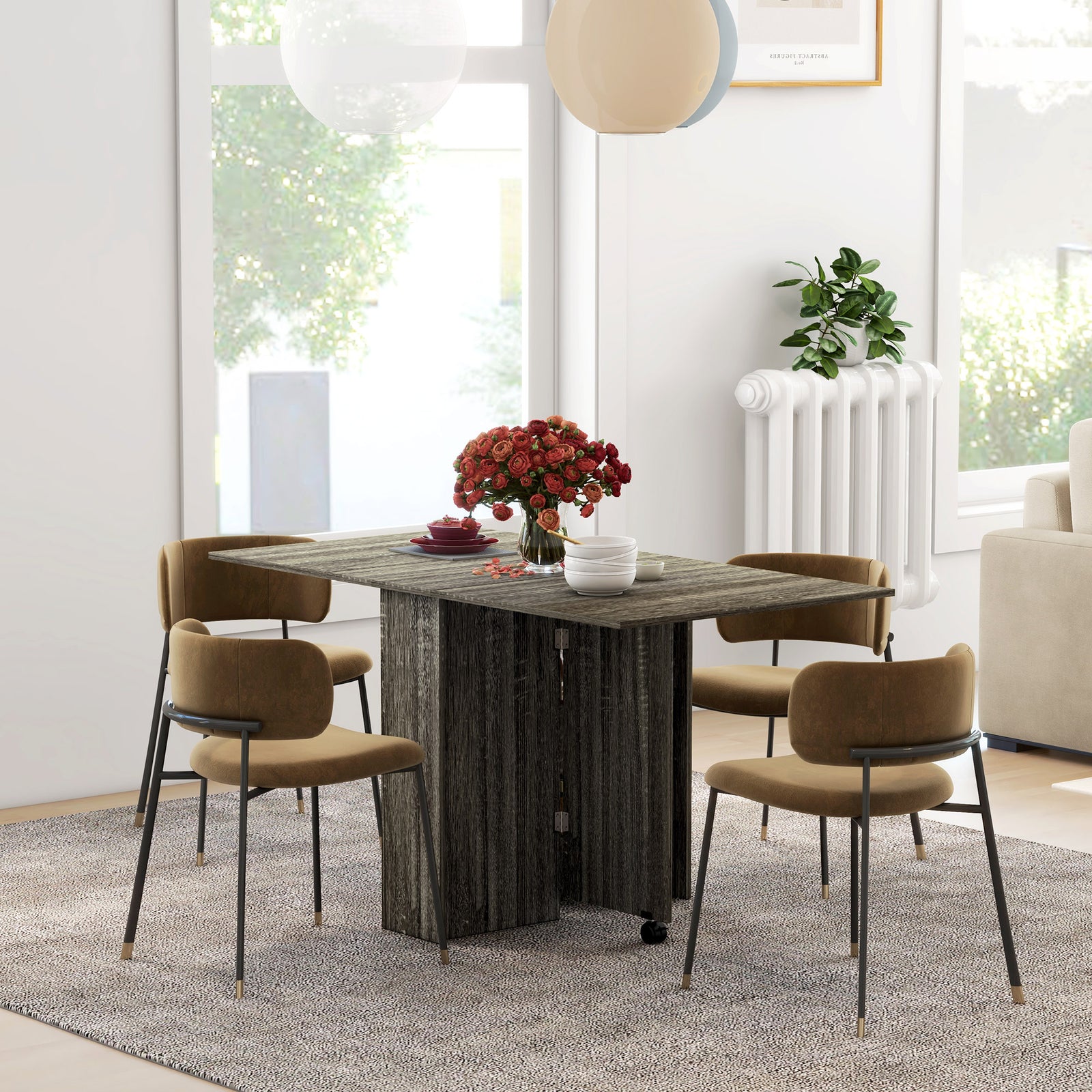 Folding Dining Table, Drop Leaf Table with 2-Tier Shelves, Rolling Casters, for Small Spaces, Kitchen, Grey