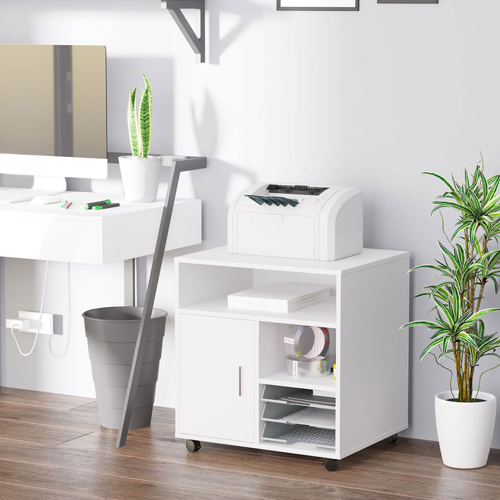 HOMCOM Mobile Printer Stand with Multiple Storage, Office Desk Side Unit on Wheels, Modern Design, 60L x 50W x 65.5H cm, White | Aosom UK