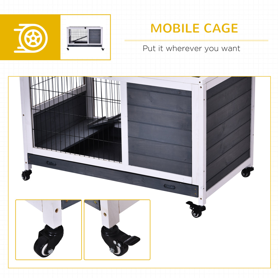 Wooden Guinea Pig Hutch, 2-Floor Bunny Cage w/ Enclosed Run Area, Grey