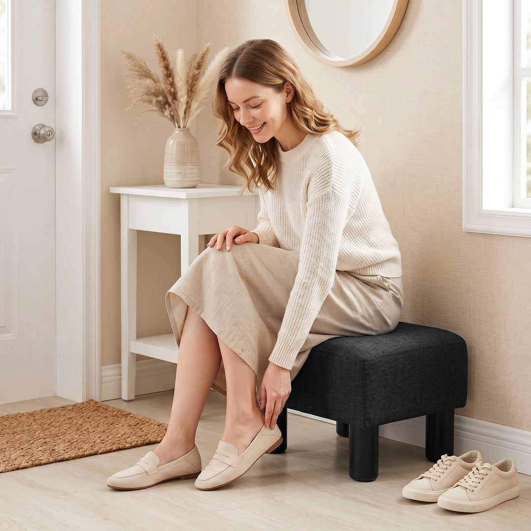 Linen Fabric Footstool Ottoman Cube with 4 Plastic Legs, Black