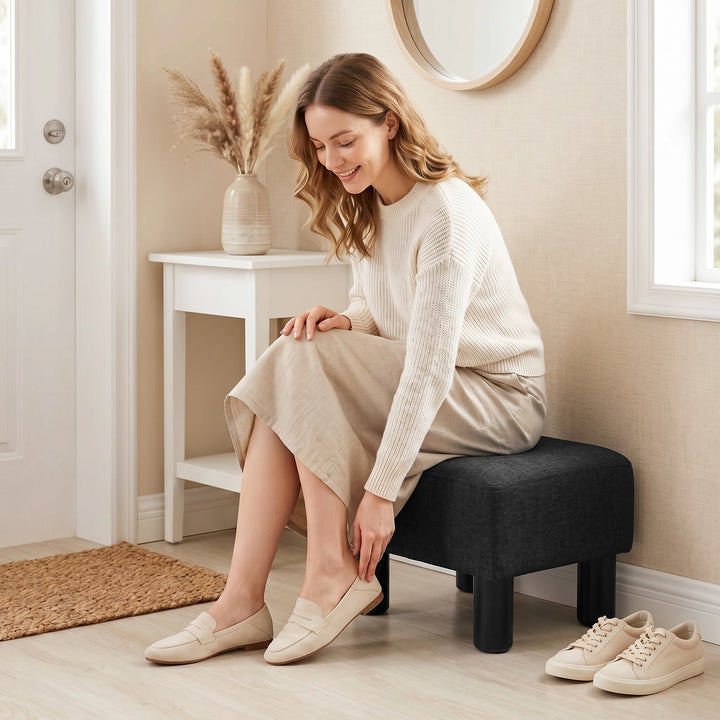 Linen Fabric Footstool Ottoman Cube with 4 Plastic Legs, Black