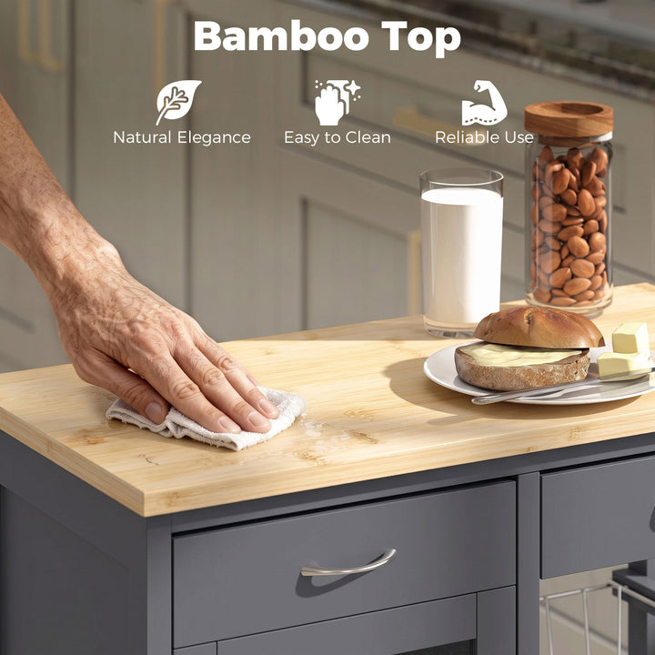 Bamboo Kitchen Island, Rolling Kitchen Trolley with Glass Door, 2 Meta