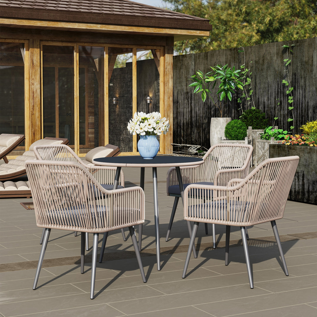4 Seater Rattan Dining Set, Rattan Garden Furniture Set with Parasol Hole, Outdoor Dining Table and Chairs Set with Cushions, Round Glass Top Table for Patio, Balcony, Light Brown