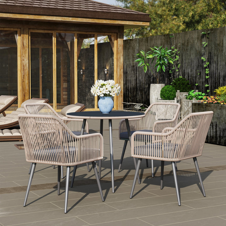 4 Seater Rattan Dining Set, Rattan Garden Furniture Set with Parasol Hole, Outdoor Dining Table and Chairs Set with Cushions, Round Glass Top Table for Patio, Balcony, Light Brown