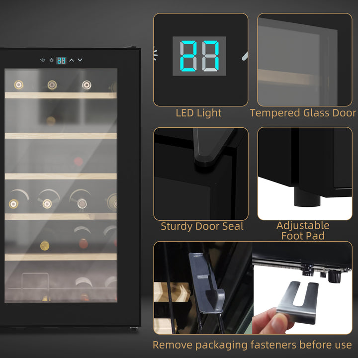 MCL 24 Bottle Wine Fridge, 65 Litre Capacity, 43cm Freestanding Wine Cooler Fridge with Glass Door, LED Light, Digital Touch Screen, Temperature Control, Black