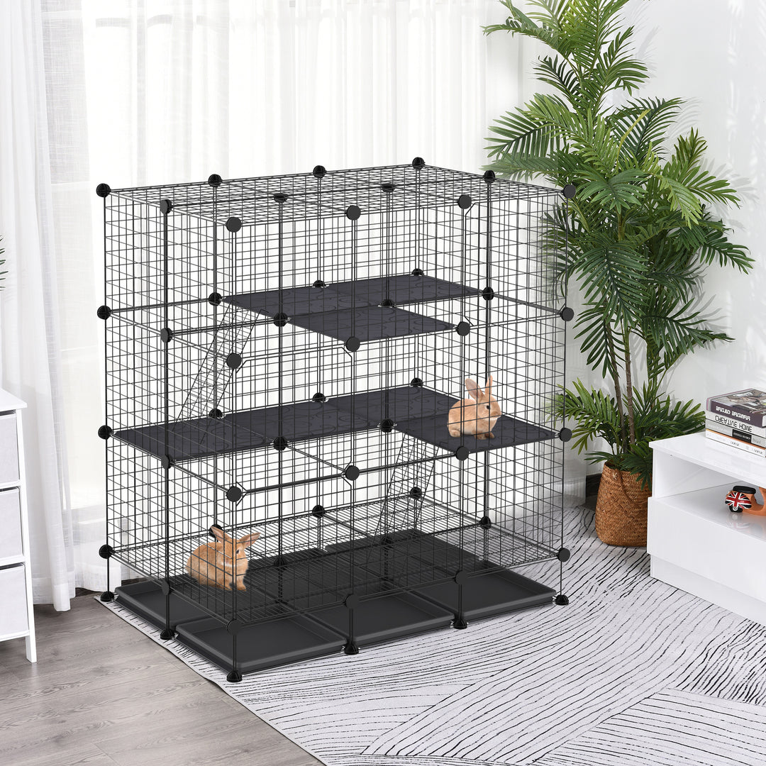 Pawhut 3 Level DIY Pet Playpen Metal Small Animal Cage Guinea Pig Rabbit Ferret Chinchillas Cage 4 Doors Bottom Trays Black | Aosom UK