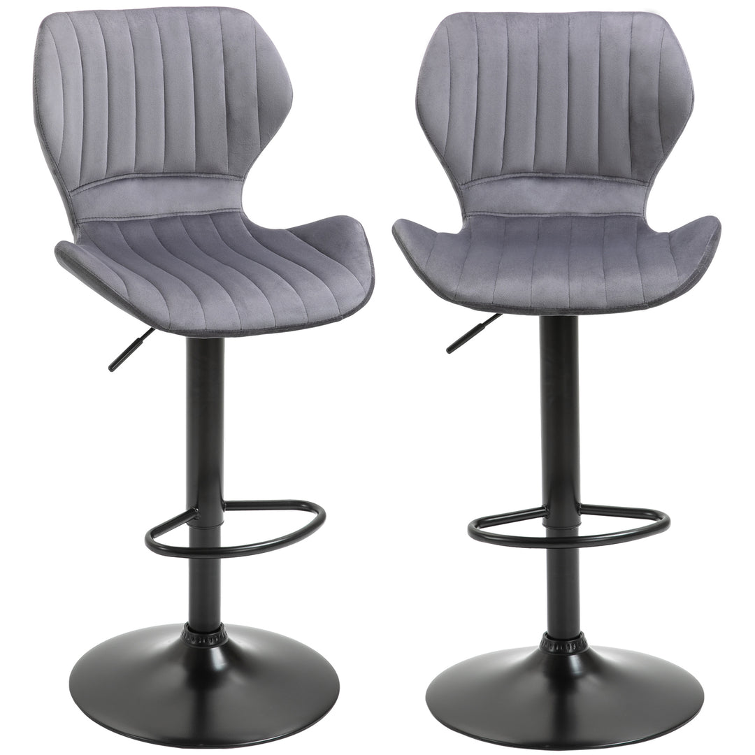 MCL Bar Stool Set of 2 Velvet-Touch Fabric Adjustable Height Swivel Counter Chairs with Footrest, Grey