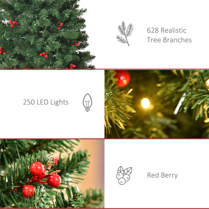 HOMCOM 6FT Prelit Artificial Pencil Christmas Tree with Warm White LED Light, Red Berry, Holiday Home Xmas Decoration, Green | Aosom UK