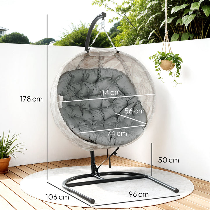 Hanging Egg Chair Outdoor Indoor Garden Swing Chair with Folding Basket, Garden Hanging Chair with Stand, Thickened Cushion, Cup Holder for Patio, Balcony, Grey