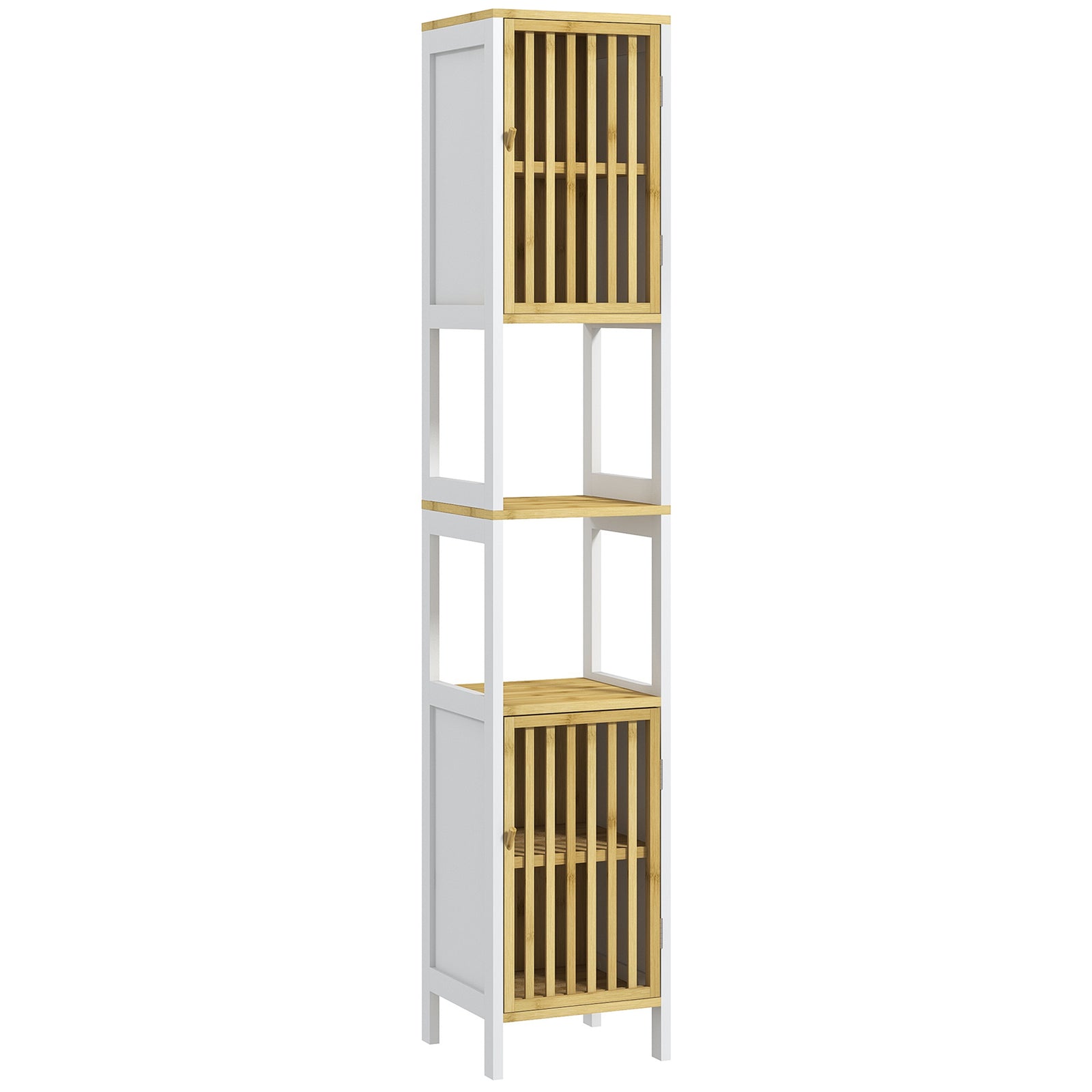 Bamboo-Blend Retro Cut-Out Tall Bathroom Storage Unit