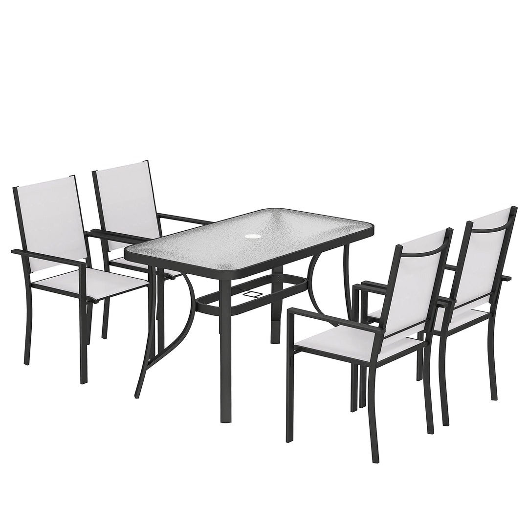 Garden Dining Set for 4 with Umbrella Hole, Stackable Chairs and Recta